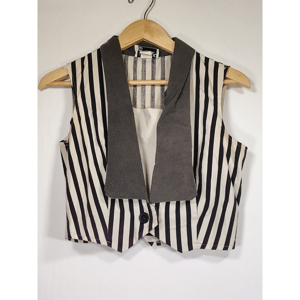 Banjo Dallas Texas Vintage Striped Cropped Vest Grey Shawl Collar Medium